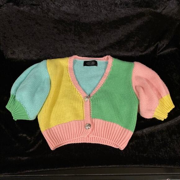 Colorblock Short Cardigan Knit CIDER V-Neck Size S Pastel RARE ribbed cuff Puff - Picture 1 of 13